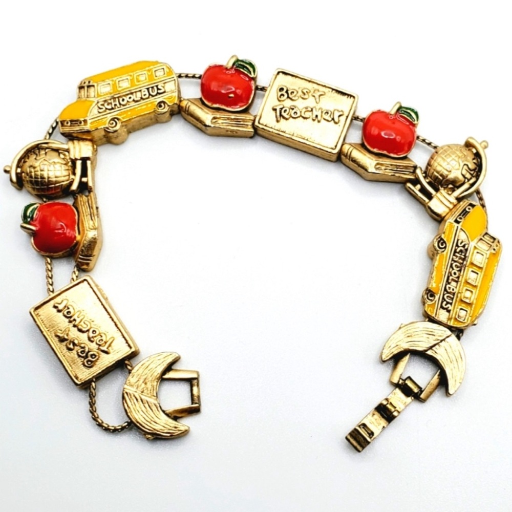 Vintage Best Teacher Gold Tone Charm Bracelet